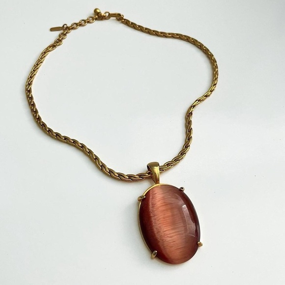 Vintage Chunky Gold Cats Eye Pendant Choker Necklace - Picture 4 of 9